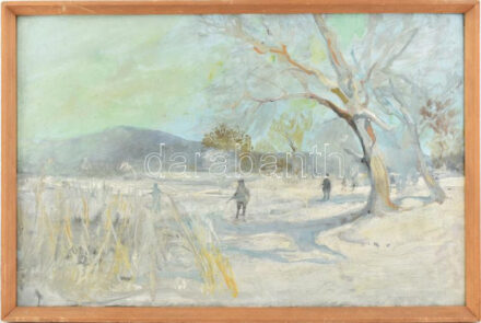 Wrabel (Vrábel) Sándor (1926-1992): Téli vadászok. Olaj, farost jelzett, fakeretben. 43x67 cm