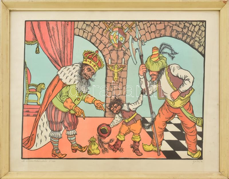 Gácsi Mihály (1926-1987): A csizmáskandúr. Színes linómetszet, papír. Jelzett. Számozott (7/100). Üvegezett fakeretben, 35×50 cm