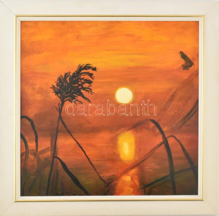 Bak Péter (1950-): Naplemente a Balatonon. Olaj, farost, jelzett, hátoldalán autográf felirattal, Képcsarnok Vállalat címkéjével, fakeretben, 50x50 cm