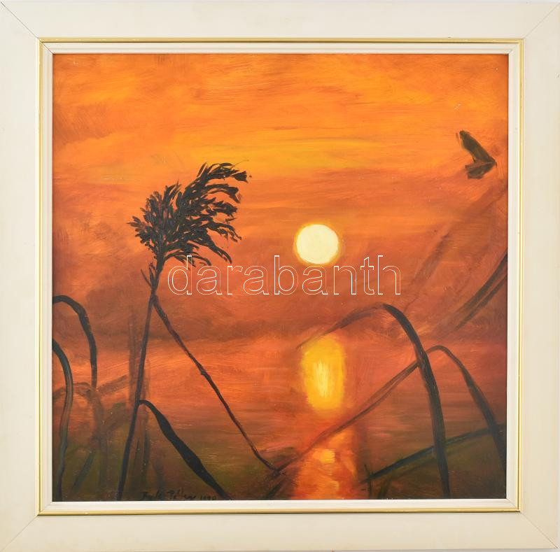 Bak Péter (1950-): Naplemente a Balatonon. Olaj, farost, jelzett, hátoldalán autográf felirattal, Képcsarnok Vállalat címkéjével, fakeretben, 50x50 cm
