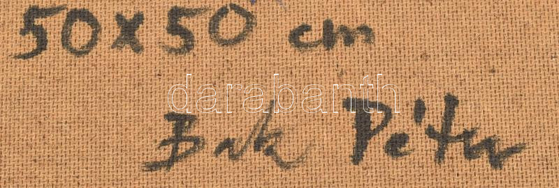 Bak Péter (1950-): Naplemente a Balatonon. Olaj, farost, jelzett, hátoldalán autográf felirattal, Képcsarnok Vállalat címkéjével, fakeretben, 50x50 cm - Image 4