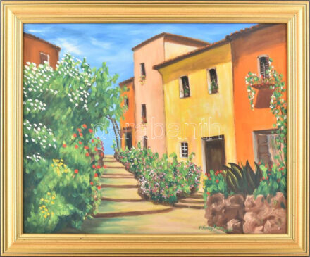 Kovács Ilona (?-): Mediterrán város. Olaj, farost, jelzett, keretben. 40x50 cm