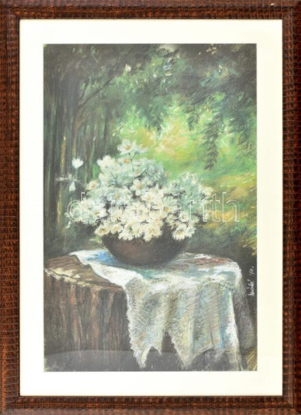 Máté Sándor (1954-): Virágkosár. Pasztell, papír. Jelzett. Üvegezett fakeretben, 48x31 cm