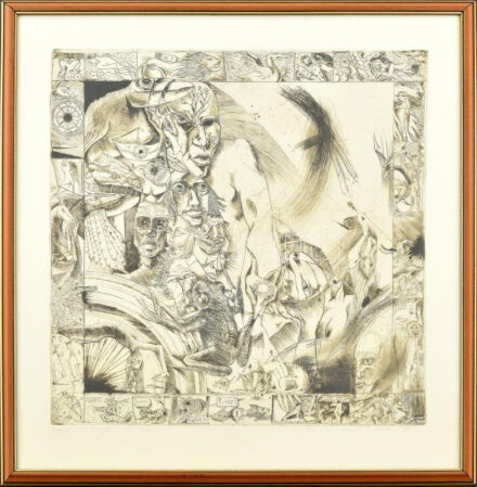 Kopándi István (1968-): Genezis, 1999. Hidegtű, papír. Jelzett. Művészpédány ea XIV/XV számozással. Hátoldalán a művész címkéjén feliratozott. Üvegezett fakeretben, 40,5x40 cm