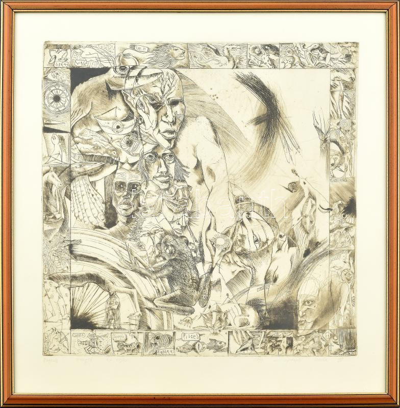 Kopándi István (1968-): Genezis, 1999. Hidegtű, papír. Jelzett. Művészpédány ea XIV/XV számozással. Hátoldalán a művész címkéjén feliratozott. Üvegezett fakeretben, 40,5x40 cm