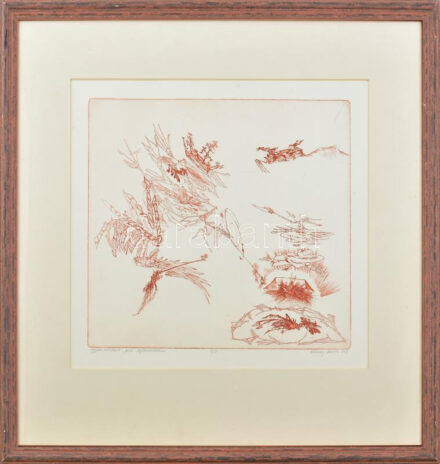 Almásy Aladár (1946-): Gyanúindítékot adó tyúkmisztikum, 1979. Rézkarc, papír, jelzett, számozott (4/10). Üvegezett fakeretben, 27,5x32 cm