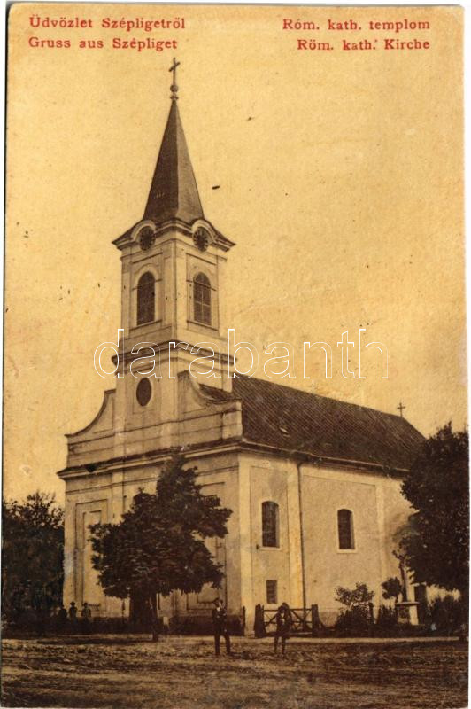 Szépliget, Schönau, Gajdobra; Római katolikus templom. W.L. 2002. Jakovácz András kiadása / Catholic church (r)