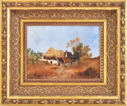 Olvashatatlan jelzéssel: Találkozás a tanyánál. Olaj, falemez. Dekoratív fakeretben. 18x24 cm