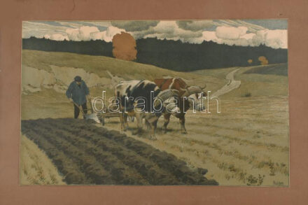 Paul Hey (1867-1952): Szántás. Litográfia, papír, jelzett a litográfián. Sérült. 32,5x51,5 cm