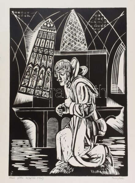 Tavaszy Noémi (1927-2018): Lőcsei gótika. Linómetszet, papír, jelzett, számozott (20/100), 50x35 cm