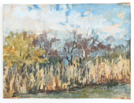 E. Tassy Klára (1922-2001): Őszi táj. Gouache, karton, jelezve jobbra lent, sérült, részben javított, 30×40 cm