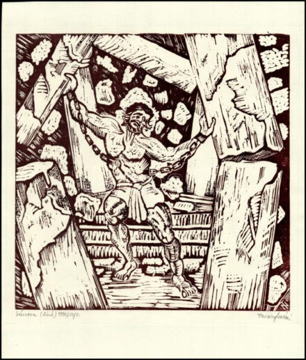 Tavaszy Noémi (1927-2018): Sámson. Linómetszet, papír, jelzett, számozott (50/8), 25x25cm