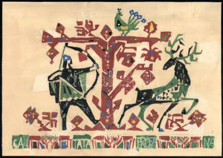 Rác András (1926-2013): Cantata profana (Mozaik- vagy falképterv). Tempera, ceruza, papír. Jelzés nélkül. Proveniencia: A művész hagyatéka. 22x31 cm