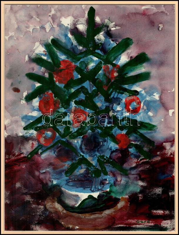Gerő András (1936-): Karácsonyfa. Gouache, papír, jelzett, paszpartuban, 30x22,5 cm - Image 2