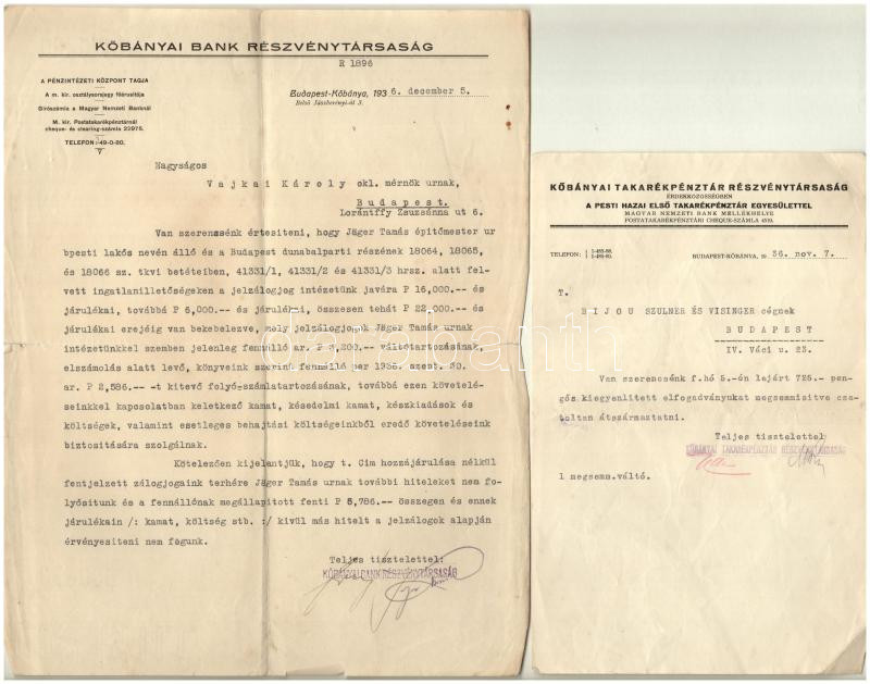 ~1930-1950. 'Kőbányai Takarékpénztár Részvénytársaság' 4db klf dokumentuma, elszámolások, levelek