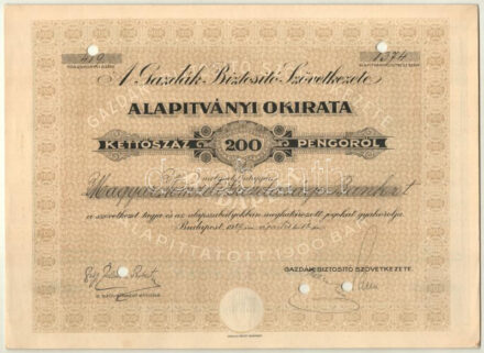 Budapest 1929. 'A Gazdák Biztosító Szövetkezete' névre szóló alapítványi okirata 200K-ról, szelvényekkel, szárazpecséttel, lyukasztásokkal érvénytelenítve T:I-