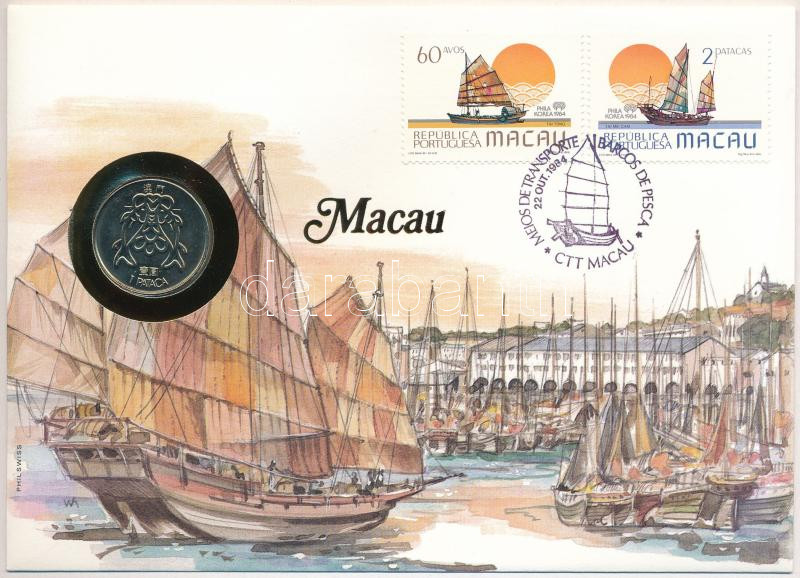 Makaó 1983. 1p, felbélyegzett borítékban, bélyegzéssel, német nyelvű leírással T:1 Macau 1983. 1 Pataca in envelope with stamp and cancellation, with German description C:UNC