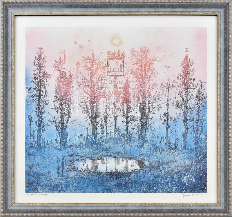Gross Arnold: Az öröm ünnepe. Nyomat, papír, Jelzett. 46x39 cm Üvegezett keretben.