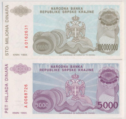 Horvátország / Krajna Szerb Köztársaság / Knin 1993. 5000D + 100.000.000D T:I Croatia / Republic of Serbian Krajina / Knin 1993. 5000 Dinara + 100.000.000 Dinara C:UNC