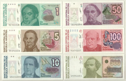 Argentína DN (1988-1989) 1A + 5A + 10A + 50A 'ES, JLM' + DN (1989-1990) 100A + DN (1990) 500A T:I,I- Argentina ND (1988-1989) 1 Austral + 5 Australes + 10 Australes + 50 Australes 'ES, JLM' + ND (1989-1990) 100 Australes + ND (1990) 500 Australes