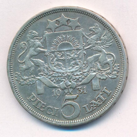 Lettország 1931. 5L Ag T:2- patina, ph. Latvia 1931. 5 Lati Ag C:VF patina, edge error Krause KM#9