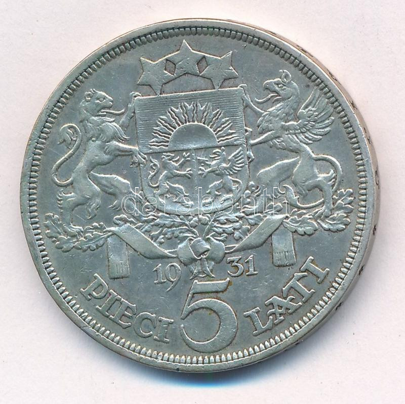 Lettország 1931. 5L Ag T:2- patina, ph. Latvia 1931. 5 Lati Ag C:VF patina, edge error Krause KM#9