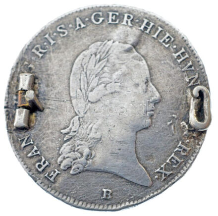 Osztrák Németalföld 1797B 1/4 Koronatallér Ag 'II. Ferenc' T:3 kitűzővé alakítva, tűhiány Austrian Netherlands 1797B 1/4 Kronenthaler Ag 'Franz II' C:F refurbished as badge, missing needle Krause KM# 60