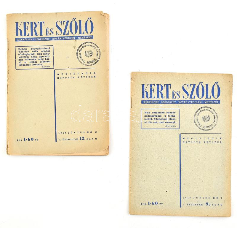 1949 Kert és Szőlő folyóirat I. évf. 9., 11. és 12. sz., 1949. június - július, 'Országos Növénynemesítő Intézet Magyaróvár' bélyegzőkkel, vegyes állapotban