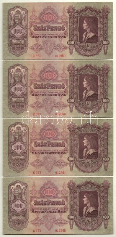 1930. 100P (4x, 3db sorszámkövető és 1db közeli sorszám 'E 373 012559 - E 373 012561 + E 373 012565') T:III szép papír Adamo P17