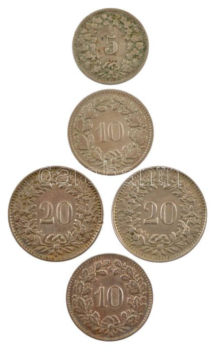 Svájc 1904-1944. 5r-20r Cu-Ni (5xklf) T:2,2- Switzerland 1904-1944. 5 Rappen - 20 Rappen Cu-Ni (5xdiff) C:XF,VF