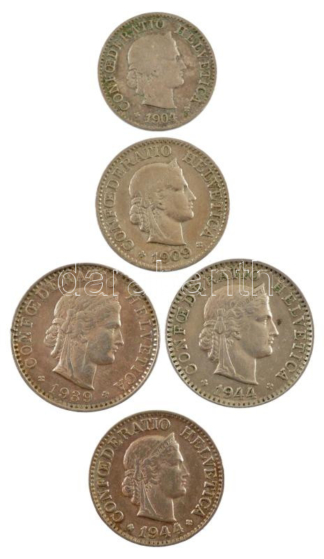 Svájc 1904-1944. 5r-20r Cu-Ni (5xklf) T:2,2- Switzerland 1904-1944. 5 Rappen - 20 Rappen Cu-Ni (5xdiff) C:XF,VF - Image 2