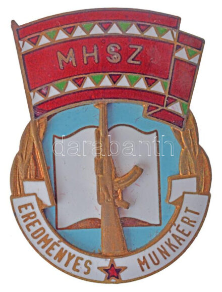 ~1960. 'MHSZ (Magyar Honvédelmi Szövetség) - Eredményes Munkáért' aranyozott, zománcozott bronz kitüntető jelvény eredeti dísztokban, belül 'A TARTALÉKOS TISZTI TAGOZATBAN VÉGZETT EREDMÉNYES MUNKÁJÁÉRT' táblácskával (43x32mm)