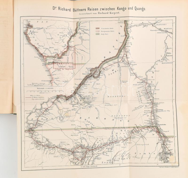 Richard Büttner: Reisen im Kongolande. Ausgeführt im Auftrage der Afrikanischen Gesellschaft in Deutschland. Leipzig, 1890, J. C. Hinrichs'sche Buchhandlung, XII+283 p.+ 1 (Dr. Richard Büttners Reisen zwischen Kongo und Quango, 29x29 cm) t. - Image 3