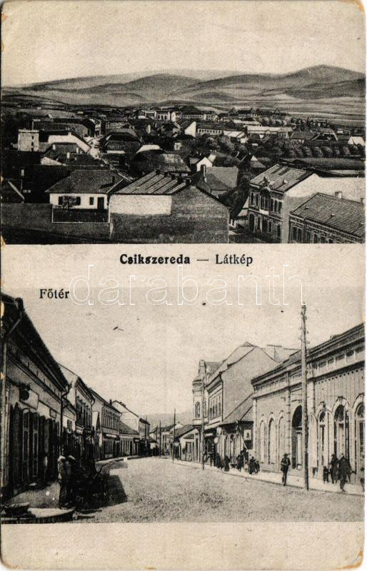 Csíkszereda, Miercurea Ciuc; látkép, Fő tér, üzletek / general view, main square, shops (EM)