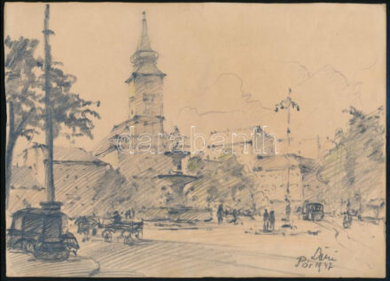 Pór Bertalan (1880-1964): Budapest, Kálvin tér, Danubius-kút, 1937. Ceruza, papír, jelzett, 21×29 cm
