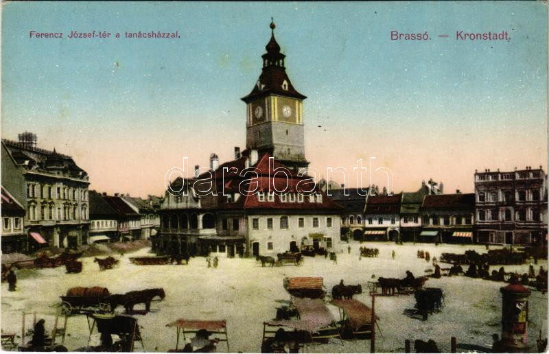 Brassó, Kronstadt, Brasov; Ferenc József tér, Tanácsház (városháza), piac, építkezés, üzletek / square, town hall, market, construction, shops