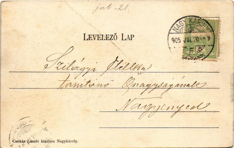 1905 Nagykároly, Carei; Deák Ferenc tér, Kovács György, Rubletzky Ignác, Klein József, Pucser Károly, Janitzky Albert üzlete. Csókás László kiadása / square, shops (fa) - Image 2