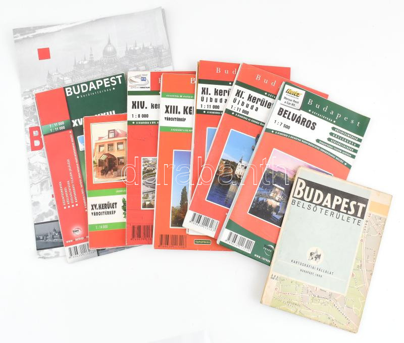 8 db Budapest térkép: Budapest belső területe (1956), Építészeti térkép, Belváros, XI. (duplum), XIII., XIV., XV., XVIII-XXIII. kerületek. Vegyes méretben és állapotban.