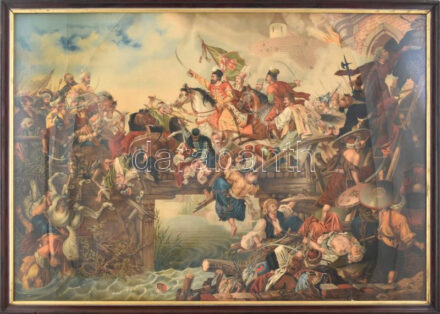 Peter Krafft (1780-1856) festménye után: Zrínyi kirohanása. Kromolitográfia, papír, Ormai jelzéssel a litográfián. Jobb széle vágott. Üvegezett fakeretben. 54x77,5 cm