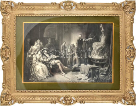 Benvenuto Cellini után: Fontainebleauban. Litográfia, papír. Üvegezett, dekoratív keretben. 39x58,5 cm