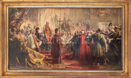 Benczúr Gyula (1844-1920) után: Milleniumi hódolat. Kromolitográfia, papír. Jelzés nélkül. Üvegezett, dekoratív fakeretben. 48x88 cm