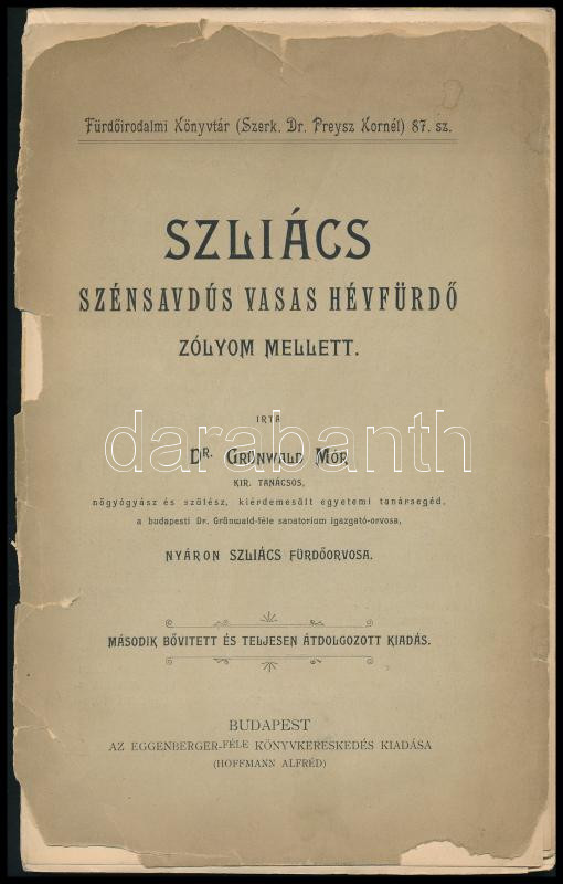 Grünwald Mór: Szliács. Szénsavdúős vasas hévfürdő Zólyom mellett. Fürdőirodalmi Könyvtár 87. sz. Bp., , Eggenberger, 110+2 p. Szövegközti és egész, és kétoldalas fekete-fehér illusztrációkkal. Kiadói papírkötés, az