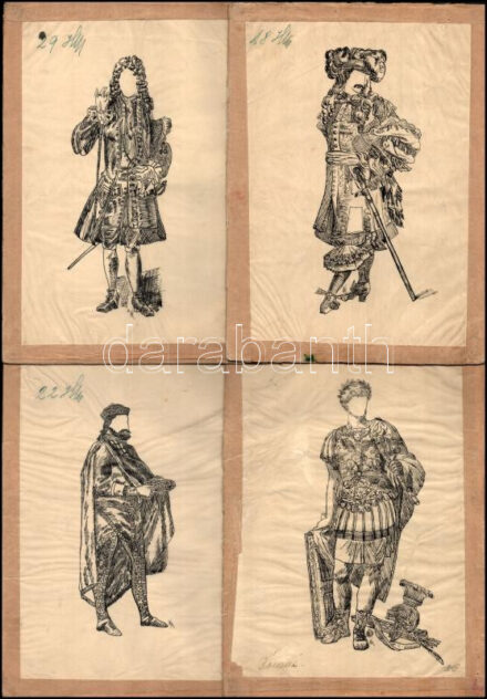 Jelzés nélkül: 8 db történelmi viseleteket ábrázoló rajz. Tus, pauszpapír. Kartonra ragasztva. 22x16 cm