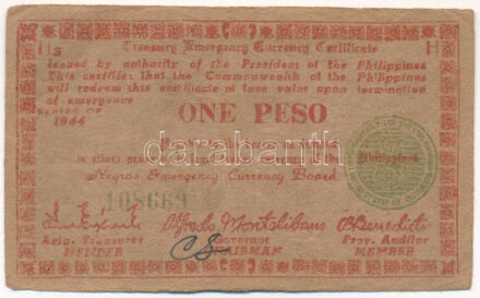 Fülöp-szigetek / Negros Oriental 1944. 1P '108669' zöld pecséttel T:III Philippines / Province of Negros Oriental 1944. 1 Peso '108669' with green seal C:F Krause P# S673