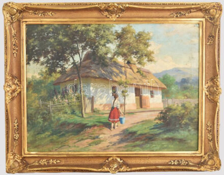 Szontágh Tibor (1873-1930): Napfényes udvar. Olaj, vászon, jelzett. Dekoratív, kissé sérült fakeretben. 60×80 cm