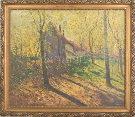 Jaroslav Simunek (1872-1939): Napfényes erdőrészlet házikóval. Olaj, vászon, jelezve jobbra lent. Dekoratív fakeretben. 70x85 cm / Jaroslav Simunek (1872-1939), Czech painter. Oil on cardboard, signed lower right, framed