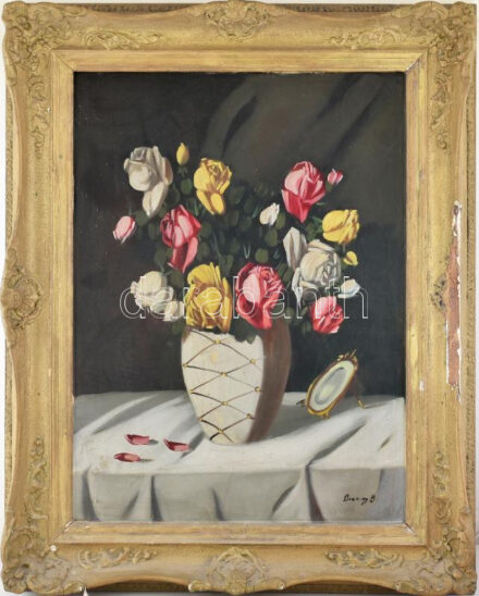 Olvashatatlan jelzéssel: Csendélet. Olaj, vászon. Dekoratív, sérült fakeretben. 85x67 cm. KIZÁRÓLAG SZEMÉLYES ÁTVÉTEL, NEM POSTÁZZUK! / ONLY PERSONAL COLLECTION AT OUR OFFICE!