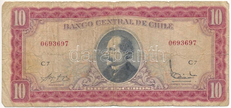 Chile DN (1962-1970) 10E 'C7 0693697' T:III- szakadás Chile ND (1962-1970) 10 Escudos 'C7 0693697' C:VG tear Krause P#139