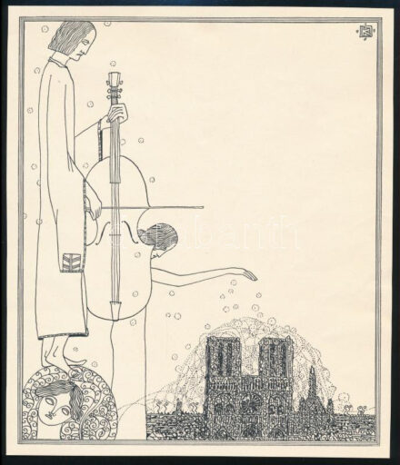 Kozma Lajos (1884-1948): Cselló. Cinkográfia, papír, jelzett a cinkográfián, 19,5×16,5 cm