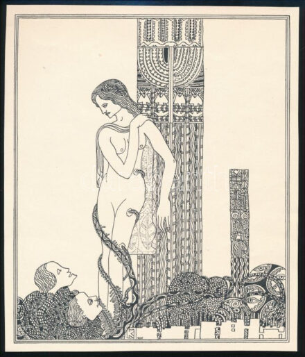 Kozma Lajos (1884-1948): Éva a paradicsomban. Cinkográfia, papír, jelzett a cinkográfián, 19,5×16,5 cm